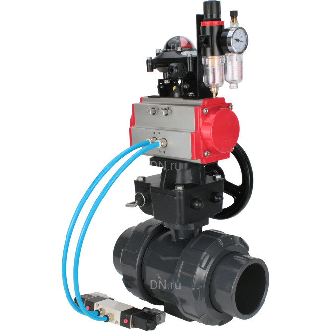 Кран шаровой BV4242E-FP-GRM-ISO Дн80 Ру10 полнопроходной, корпус - НПВХ, шар - НПВХ, уплотнение - EPDM, с пневмоприводом PA-DA-065, пневмораспределителем 4V320-08 AC220V, ручным дублером MON1-250-T26-ISO, БКВ APL-210N и БПВ AFC2000 в Барнауле