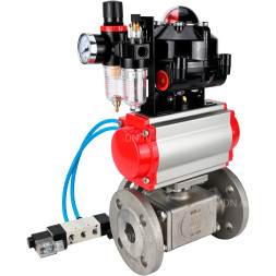 Кран шаровой BV3232P(4pc)-FP-3WL-F Ду20 Ру16 полнопроходной трехходовой, фланцевый, корпус - нержавеющая сталь SS316, с пневмоприводом PA-SA-065 с возвратными пружинами, пневмораспределителем 4V320-10 AC220V, БКВ APL-510N EX и БПВ AFC2000