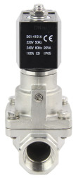 Клапан электромагнитный VS1031-PT-NC-220VAC 3/4″ Ду20 Ру16 соленоидный двухходовой поршневой, резьбовой, корпус - нержавеющая сталь AISI 304, уплотнение - PTFE, пилотного действия, нормально закрытый, катушка - 220В AC