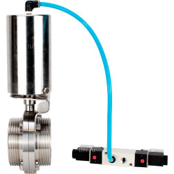 Затвор дисковый поворотный WBV3131E-2W-T-H Ду25 Ру10 резьбовой, пищевая нержавеющая сталь 304, уплотнение – EPDM, с пневмоприводом PA-SA-85 и пневмораспределителем 4V320-08 AC220V