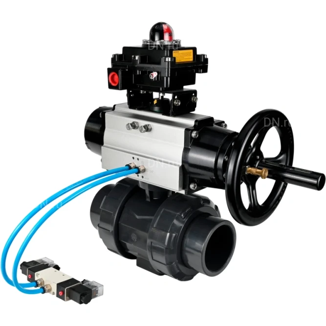 Кран шаровой BV4242E-FP-GRM-ISO Дн100 Ру10 полнопроходной, корпус - НПВХ, шар - НПВХ, уплотнение - EPDM, с пневмоприводом PA-DA-105-1, пневмораспределителем 4V320-08 AC220V и БКВ APL-410N EX в Барнауле