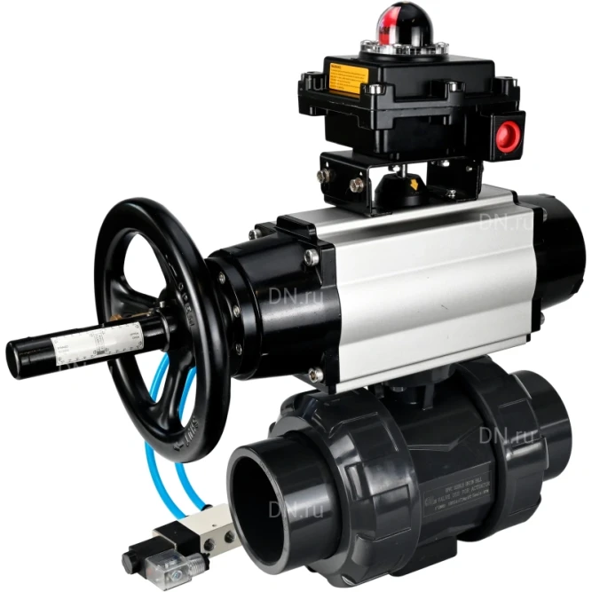 Кран шаровой BV4242E-FP-GRM-ISO Дн100 Ру10 полнопроходной, корпус - НПВХ, шар - НПВХ, уплотнение - EPDM, с пневмоприводом PA-DA-105-1, пневмораспределителем 4V320-08 AC220V и БКВ APL-410N EX в Барнауле