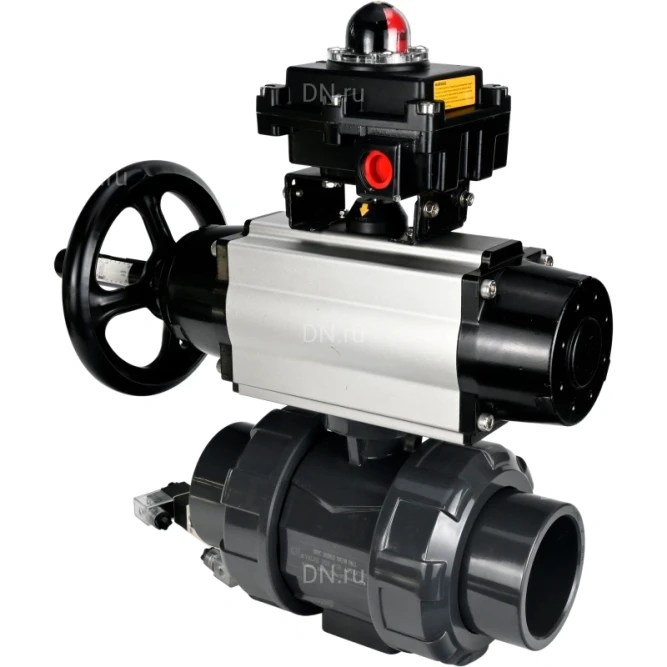 Кран шаровой BV4242E-FP-GRM-ISO Дн100 Ру10 полнопроходной, корпус - НПВХ, шар - НПВХ, уплотнение - EPDM, с пневмоприводом PA-DA-105-1, пневмораспределителем 4V320-08 AC220V и БКВ APL-410N EX в Барнауле