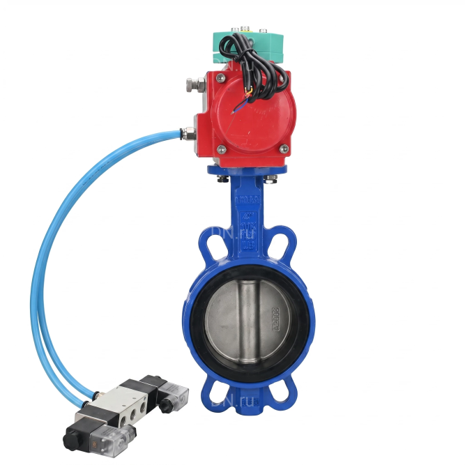 Затвор дисковый поворотный WBV1432N-2W-Fb-H Ду65 Ру16 корпус - чугун GGG50, диск - нержавеющая сталь 316L, уплотнение - NBR, с пневмоприводом PA-SA-105, пневмораспределителем 4V320-10 AC220V и магнитным переключателем ALS200D в Барнауле