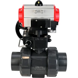 Кран шаровой BV4242E-FP-GRM-ISO Дн32 Ру10 полнопроходной, корпус - НПВХ, шар - НПВХ, уплотнение - EPDM, с пневмоприводом PA-DA-052, пневмораспределителем 4M310-08 DC24V и ручным дублером MON1-250-T26-ISO