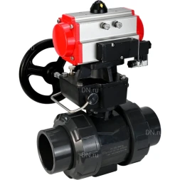 Кран шаровой BV4242E-FP-GRM-ISO Дн32 Ру10 полнопроходной, корпус - НПВХ, шар - НПВХ, уплотнение - EPDM, с пневмоприводом PA-DA-052, пневмораспределителем 4M310-08 DC24V и ручным дублером MON1-250-T26-ISO