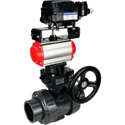 Кран шаровой BV4242E-FP-GRM-ISO Дн32 Ру10 полнопроходной, корпус - НПВХ, шар - НПВХ, уплотнение - EPDM, с пневмоприводом PA-DA-052, ручным дублером MON1-250-T26-ISO и пневмопозиционером YT-1000RSN без обратной связи