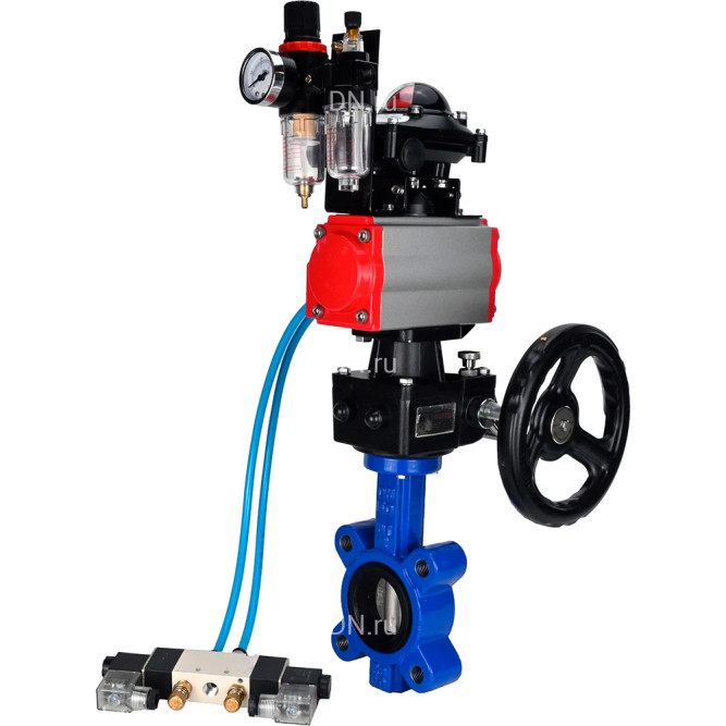Затвор дисковый поворотный WBV1631N-2W-Fb-H Ду65 Ру16 LUG, корпус - чугун, диск - сталь 304, уплотнение - NBR, с пневмоприводом PA-DA-065, пневмораспределителем 4M320-10 AC220V, ручным дублером MON1-250-T26-ISO, БКВ APL-210N и БПВ AFC2000 в Барнауле