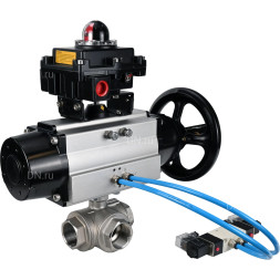 Кран шаровой BV3232P(4pc)-SP-3WL-T-ISO-H Ду80 Ру40, стандартнопроходной, четырехсоставной, корпус - нержавеющая сталь 316, уплотнение - PTFE, внутренняя резьба, с пневмоприводом PA-DA-105-1, пневмораспределителем 4V320-08 AC220V, БКВ APL-410N Ex