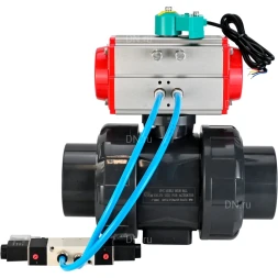 Кран шаровой BV4242E-FP-GRM-ISO Дн40 Ру10 полнопроходной, корпус - НПВХ, шар - НПВХ, уплотнение - EPDM, с пневмоприводом PA-SA-065, пневмораспределителем 4V320-10 AC220V и магнитным переключателем ALS200D