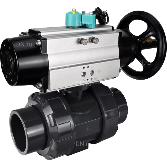 Кран шаровой BV4242E-FP-GRM-ISO Дн65 Ру10 полнопроходной, корпус - НПВХ, шар - НПВХ, уплотнение - EPDM, с пневмоприводом PA-DA-105-1 и магнитным переключателем ALS200D в Барнауле