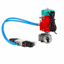 Кран шаровой BV3232P(4pc)-SP-3WT-T-ISO-H WDVF Ду25 Ру63 стандартнопроходной, 3-ходовой Т-тип, внутренняя резьба, нержавеющая сталь AISI 316, с пневмоприводом PA-DA-065, пневмораспределителем 4V320-10 AC220V и магнитным переключателем ALS200D