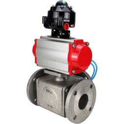 Кран шаровой BV3232P(4pc)-FP-3WL-F Ду25 Ру16 полнопроходной трехходовой, фланцевый, корпус - нержавеющая сталь SS316, с пневмоприводом PA-DA-052 двойного действия, пневмораспределителем 4V320-08 AC220V и БКВ APL-510N EX