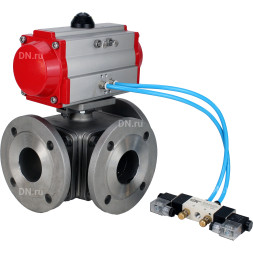 Кран шаровой BV3232P(4pc)-FP-3WL-F Ду65 Ру16 полнопроходной трехходовой, фланцевый, корпус - нержавеющая сталь SS316, с пневмоприводом PA-DA-083 двойного действия и пневмораспределителем 4V320-10 AC220V