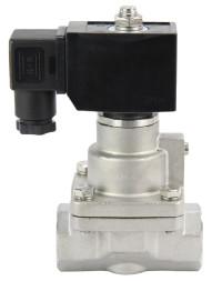 Клапан электромагнитный VS1031-PT-NC-24VDC 1/2″ Ду15 Ру16 соленоидный двухходовой поршневой, резьбовой, корпус - нержавеющая сталь AISI 304, уплотнение - PTFE, пилотного действия, нормально закрытый, катушка - 24В DC