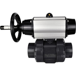 Кран шаровой BV4242E-FP-GRM-ISO Дн40 Ру10 полнопроходной, корпус - НПВХ, шар - НПВХ, уплотнение - EPDM, с пневмоприводом PA-DA-105-1 двойного действия со штурвалом