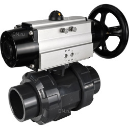 Кран шаровой BV4242E-FP-GRM-ISO Дн40 Ру10 полнопроходной, корпус - НПВХ, шар - НПВХ, уплотнение - EPDM, с пневмоприводом PA-DA-105-1 двойного действия со штурвалом