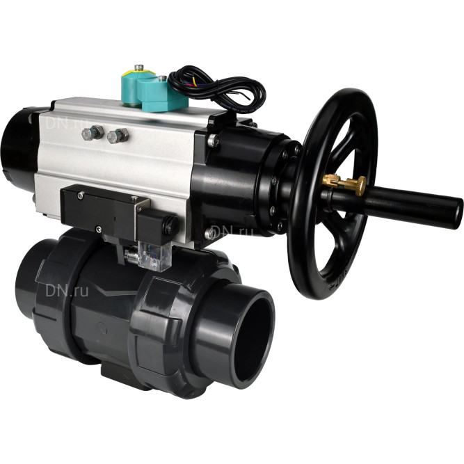 Кран шаровой BV4242E-FP-GRM-ISO Дн32 Ру10 полнопроходной, корпус - НПВХ, шар - НПВХ, уплотнение - EPDM, с пневмоприводом PA-DA-105-1, пневмораспределителем 4M310-08 AC220V и магнитным переключателем ALS200D в Барнауле