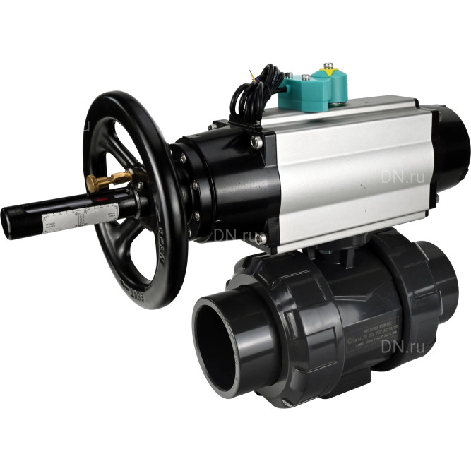 Кран шаровой BV4242E-FP-GRM-ISO Дн32 Ру10 полнопроходной, корпус - НПВХ, шар - НПВХ, уплотнение - EPDM, с пневмоприводом PA-DA-105-1, пневмораспределителем 4M310-08 AC220V и магнитным переключателем ALS200D в Барнауле