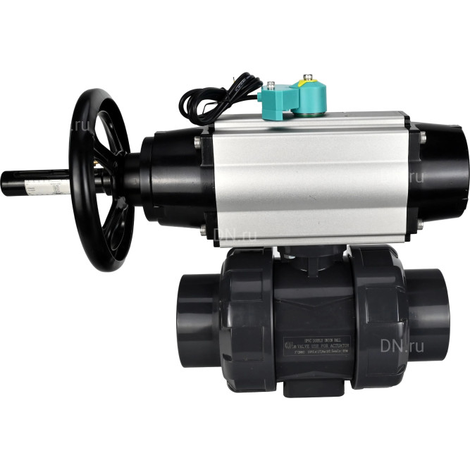 Кран шаровой BV4242E-FP-GRM-ISO Дн32 Ру10 полнопроходной, корпус - НПВХ, шар - НПВХ, уплотнение - EPDM, с пневмоприводом PA-DA-105-1, пневмораспределителем 4M310-08 AC220V и магнитным переключателем ALS200D в Барнауле
