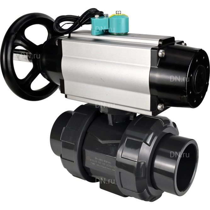 Кран шаровой BV4242E-FP-GRM-ISO Дн32 Ру10 полнопроходной, корпус - НПВХ, шар - НПВХ, уплотнение - EPDM, с пневмоприводом PA-DA-105-1, пневмораспределителем 4M310-08 AC220V и магнитным переключателем ALS200D в Барнауле