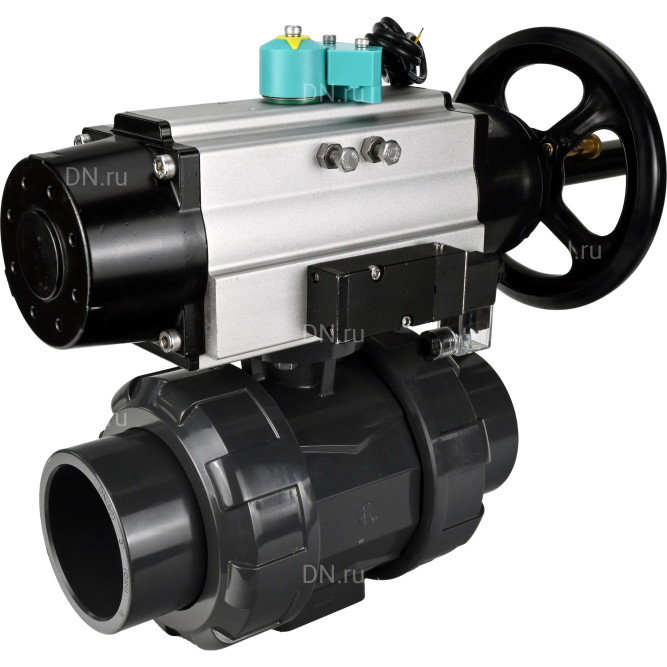 Кран шаровой BV4242E-FP-GRM-ISO Дн32 Ру10 полнопроходной, корпус - НПВХ, шар - НПВХ, уплотнение - EPDM, с пневмоприводом PA-DA-105-1, пневмораспределителем 4M310-08 AC220V и магнитным переключателем ALS200D в Барнауле