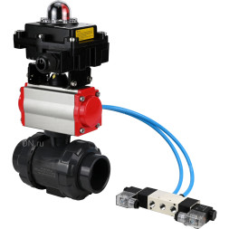 Кран шаровой BV4242E-FP-GRM-ISO Дн80 Ру10 полнопроходной, корпус - НПВХ, шар - НПВХ, уплотнение - EPDM, с пневмоприводом PA-DA-065, пневмораспределителем 4V320-10 AC220V и БКВ APL-410N EX