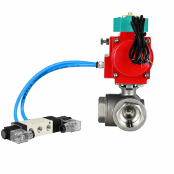 Кран шаровой BV3232P(4pc)-SP-3WL-T-ISO-H WDVF Ду40 Ру63 стандартнопроходной, 3-ходовой L-тип, внутренняя резьба, нержавеющая сталь AISI 316, с пневмоприводом PA-DA-083, пневмораспределителем 4V320-10 AC220V и магнитным переключателем ALS200D