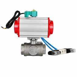 Кран шаровой BV3232P(4pc)-SP-3WL-T-ISO-H WDVF Ду40 Ру63 стандартнопроходной, 3-ходовой L-тип, внутренняя резьба, нержавеющая сталь AISI 316, с пневмоприводом PA-DA-083, пневмораспределителем 4V320-10 AC220V и магнитным переключателем ALS200D