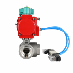 Кран шаровой BV3232P(4pc)-SP-3WL-T-ISO-H WDVF Ду40 Ру63 стандартнопроходной, 3-ходовой L-тип, внутренняя резьба, нержавеющая сталь AISI 316, с пневмоприводом PA-DA-083, пневмораспределителем 4V320-10 AC220V и магнитным переключателем ALS200D