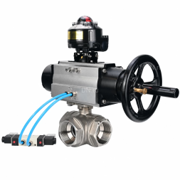 Кран шаровой BV3232P(4pc)-SP-3WL-T-ISO-H WDVF Ду65 Ру40 стандартнопроходной, 3-ходовой L-тип, внутренняя резьба, нержавеющая сталь AISI 316, PTFE, с пневмоприводом PA-DA-105-1, пневмораспределителем 4V320-08 AC220V и БКВ APL-510N EX