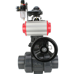 Кран шаровой BV4242E-FP-GRM-ISO Дн80 Ру10 полнопроходной, корпус - НПВХ, шар - НПВХ, уплотнение - EPDM, с пневмоприводом PA-DA-065, пневмораспределителем 4V320-10 AC220V, ручным дублером MON1-250-T26-ISO, БКВ APL-210N и БПВ AFC2000