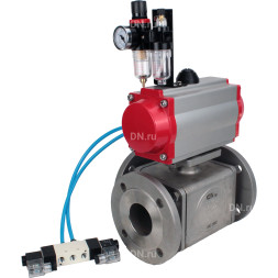 Кран шаровой BV3232P(4pc)-FP-3WL-F Ду20 Ру16 полнопроходной трехходовой, фланцевый, корпус - нержавеющая сталь SS316, с пневмоприводом PA-DA-052 двойного действия, пневмораспределителем 4V320-08 AC220V и БПВ AFC2000