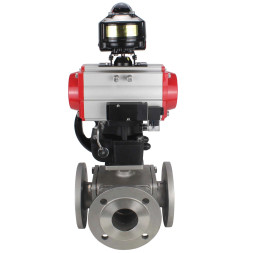 Кран шаровой BV3232P(4pc)-FP-3WL-F Ду25 Ру16 полнопроходной трехходовой, фланцевый, корпус - нержав.сталь SS316, пневмопривод PA-DA-052 двойн.действия, пневмораспределитель 4M310-08 AC220V, БКВ APL-510N EX и ручной дублер MON1-250-T26-ISO
