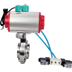 Затвор дисковый поворотный WBV3131S-2W-W-H Ду20 Ру10 под приварку, пищевая нержавеющая сталь 304, уплотнение - Silicon, с пневмоприводом PA-DA-052, пневмораспределителем 4V320-08 AC220V и магнитным переключателем ALS200D