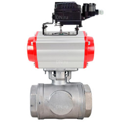 Кран шаровой BV3232P(4pc)-SP-3WL-T-ISO-H WDVF Ду40 Ру63 стандартнопроходной, 3-ходовой L-тип, внутренняя резьба, нержавеющая сталь AISI 316, с пневмоприводом PA-DA-083 и электропневматическим поворотным позиционером YT-1000RSN с обратной связью