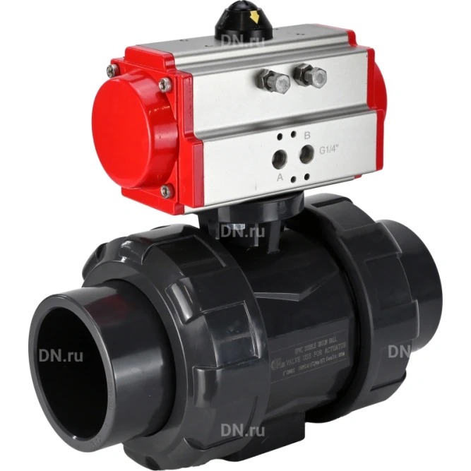 Кран шаровой BV4242E-FP-GRM-ISO Дн80 Ру10 полнопроходной, корпус - НПВХ, шар - НПВХ, уплотнение - EPDM, с пневмоприводом PA-DA-065 двойного действия в Барнауле
