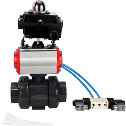 Кран шаровой BV4242E-FP-GRM-ISO Дн100 Ру10 полнопроходной, корпус - НПВХ, шар - НПВХ, уплотнение - EPDM, с пневмоприводом PA-DA-065, пневмораспределителем 4V320-10 AC220V и БКВ APL-410N EX