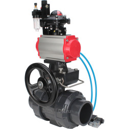 Кран шаровой BV4242E-FP-GRM-ISO Дн100 Ру10 полнопроходной, корпус - НПВХ, шар - НПВХ, уплотнение - EPDM, с пневмоприводом PA-DA-065, пневмораспределителем 4V320-10 AC220V, ручным дублером MON1-250-T26-ISO, БКВ APL-210N и БПВ AFC2000