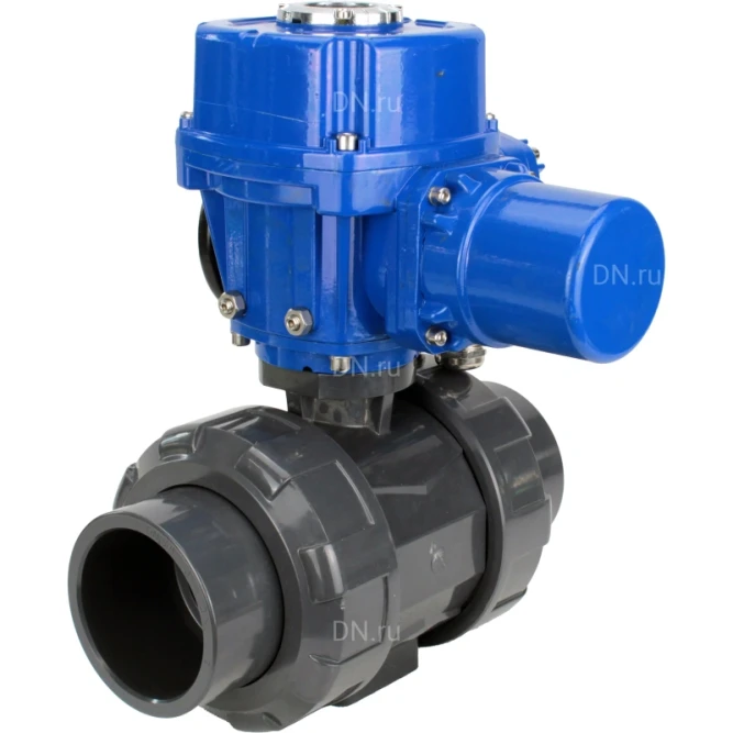 Кран шаровой BV4242E-FP-GRM-ISO Дн40 Ру10 полнопроходной, корпус - НПВХ, шар - НПВХ, уплотнение - EPDM, с электроприводом QT-N-005M-O2-380VAC-У1 с моментной муфтой и штурвалом в Барнауле