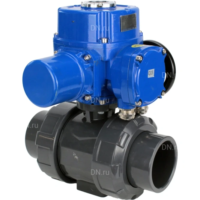 Кран шаровой BV4242E-FP-GRM-ISO Дн40 Ру10 полнопроходной, корпус - НПВХ, шар - НПВХ, уплотнение - EPDM, с электроприводом QT-N-005M-O2-380VAC-У1 с моментной муфтой и штурвалом в Барнауле