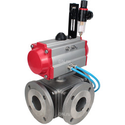 Кран шаровой BV3232P(4pc)-FP-3WL-F Ду20 Ру16 полнопроходной трехходовой, фланцевый, корпус - нержавеющая сталь SS316, с пневмоприводом PA-DA-052 двойного действия, пневмораспределителем 4V320-10 AC220V и БПВ AFC2000