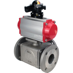 Кран шаровой BV3232P(4pc)-FP-3WL-F Ду65 Ру16 полнопроходной трехходовой, фланцевый, корпус - нержавеющая сталь SS316, с пневмоприводом PA-DA-083 двойного действия, пневмораспределителем 4V320-08 AC220V и БКВ APL-210N