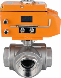 Кран шаровой BV3232P(4pc)-SP-3WT-T-ISO-H Ду10 Ру63 стандартнопроходной T-тип, трехходовой, нержавеющая сталь, внутренняя резьба, уплотнение - PTFE, с эл. приводом E34-N-005EM-O1-220VAC-У1