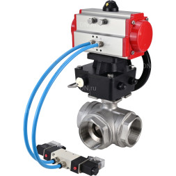 Кран шаровой BV3232P(4pc)-SP-3WL-T-ISO-H Ду32 Ру63, стандартнопроходной, четырехсоставной, нержавеющая сталь 316, PTFE, внутренняя резьба, с пневмоприводом PA-DA-052, пневмораспределителем 4V320-10 AC220V, ручным дублером MON1-250-T26-ISO