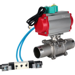 Кран шаровой BV3131P(3pc)-FP-W-ISO-H LONG Ду32 Ру40 полнопроходной, корпус - нержавеющая сталь 304, уплотнение - PTFE, под приварку, с пневмоприводом PA-DA-052, пневмораспределителем 4V320-10 AC220V и магнитным переключателем ALS200D