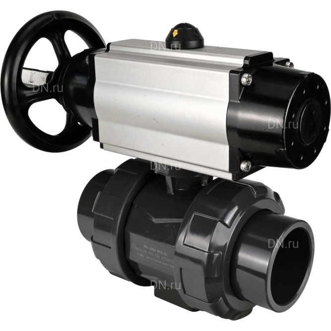 Кран шаровой BV4242E-FP-GRM-ISO Дн80 Ру10 полнопроходной, корпус - НПВХ, шар - НПВХ, уплотнение - EPDM, с пневмоприводом PA-DA-105-1 двойного действия со штурвалом в Барнауле