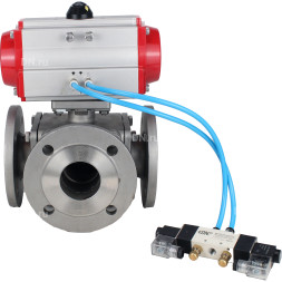 Кран шаровой BV3232P(4pc)-FP-3WL-F Ду50 Ру16 полнопроходной трехходовой, фланцевый, корпус - нержавеющая сталь SS316, с пневмоприводом PA-SA-105 с возвратными пружинами и пневмораспределителем 4V320-08 AC220V