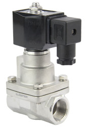 Клапан электромагнитный VS1031-PT-NC-24VDC 1 1/2 ″ Ду40 Ру12 соленоидный двухходовой поршневой, резьбовой, корпус - нержавеющая сталь AISI 304, уплотнение - PTFE, пилотного действия, нормально закрытый, катушка - 24В DC