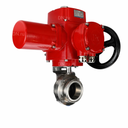 Затвор дисковый поворотный WBV3131S-2W-C-H Ду25 Ру10 кламповый, корпус - пищевая нержавеющая сталь 304, уплотнение - Silicon, с электроприводом QT-EX-005M-O2-220VAC-У1 с моментной муфтой и штурвалом